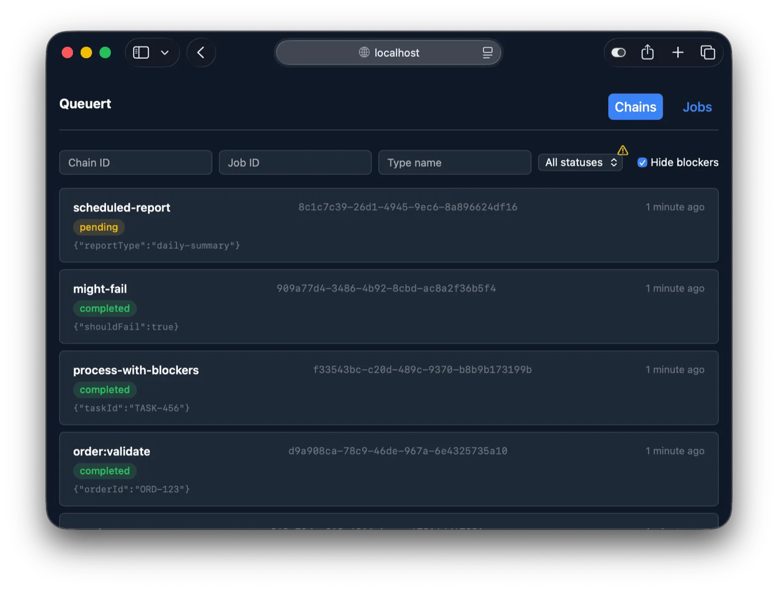 Chain list view showing chains with status badges and input previews