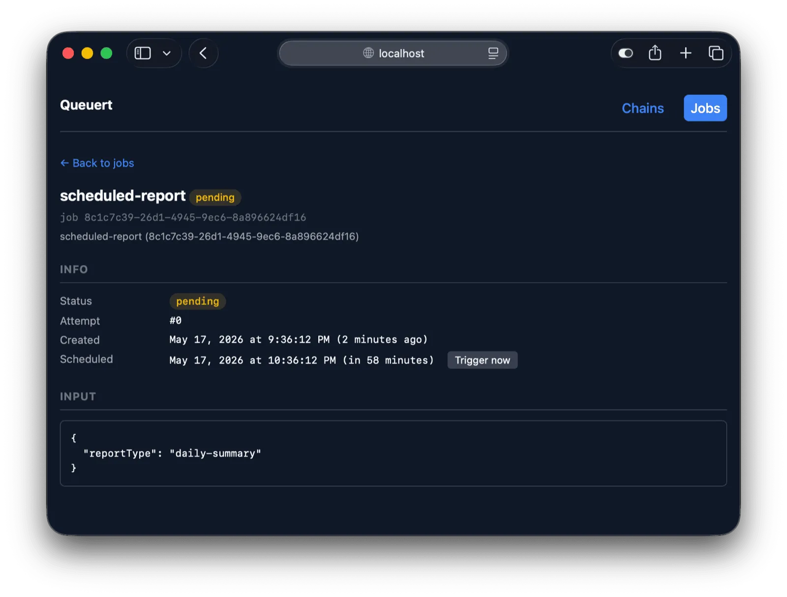 Job detail view showing status, schedule, and input data for a pending job