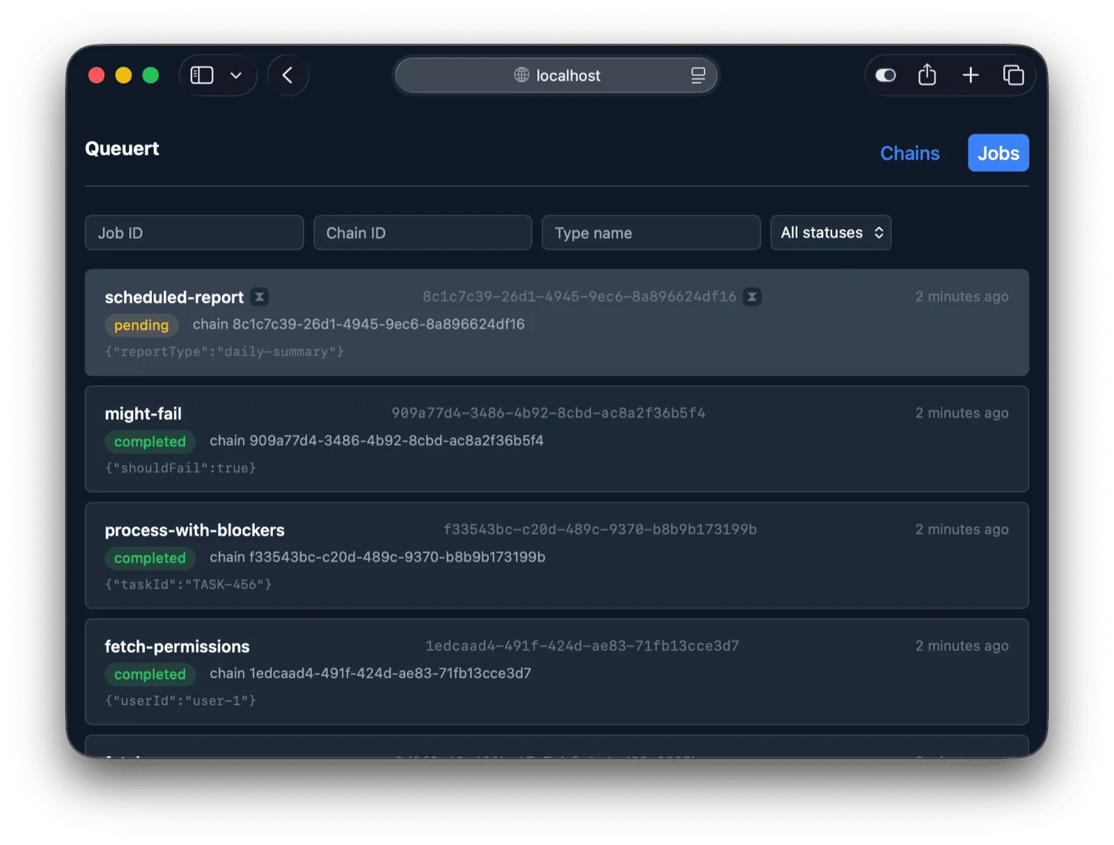 Job list view showing jobs across chains with status filters